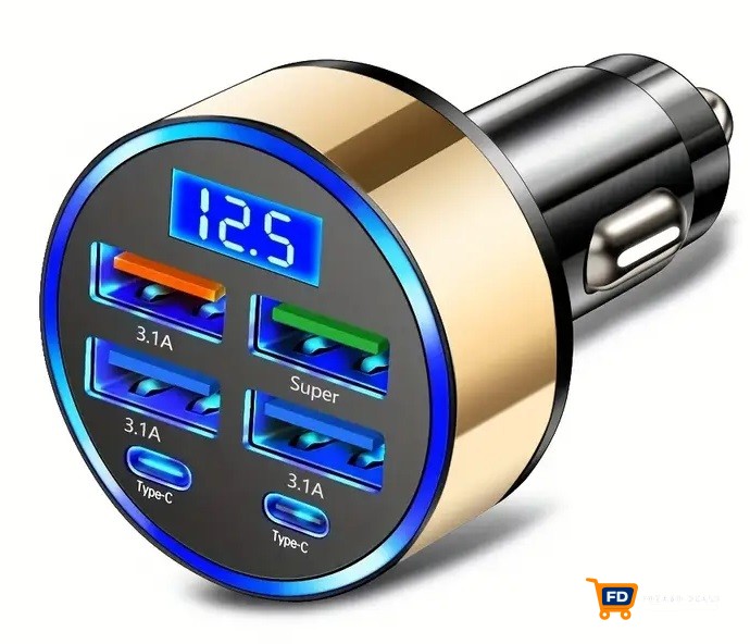 Chargeur de Voiture Multifonction avec Affichage Numérique LCD, Design 6-en-1, 4 Ports(Couleur Or)