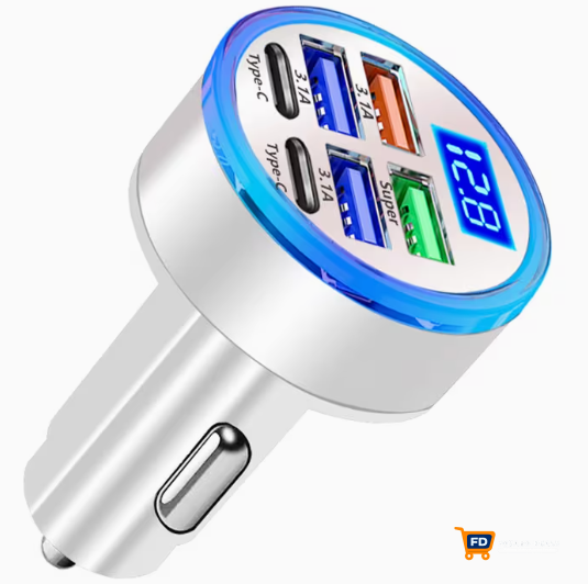 Chargeur de Voiture Multifonction avec Affichage Numérique LCD, Design 6-en-1, 4 Ports(Couleur Blanche)