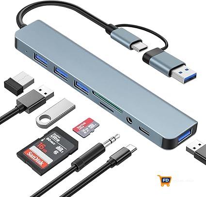 Adaptateur USB C 8 en 1, hub USB avec 4 ports USB A, ports de données USB-C, lecteur de carte SD/TF, prise casque 3,5 mm, adaptateur multiport USB/USB-C pour smartphones, ordinateurs portables, iPad